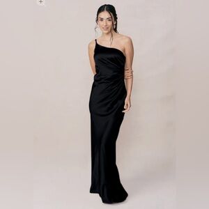 Revelry Jade size 2 bridesmaid dress black satin one shoulder prom black tie